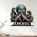 Colorful octopus metal sign displayed as ocean-inspired wall decor in a bright home interior