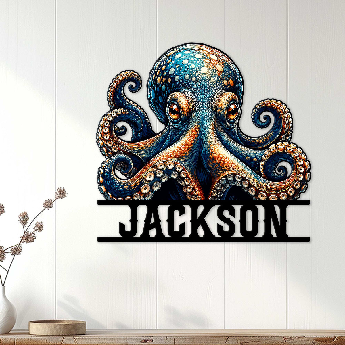 Colorful octopus metal sign displayed as ocean-inspired wall decor in a bright home interior