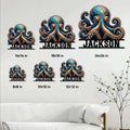 Octopus metal sign size guide showing multiple square size options displayed on a living room wall