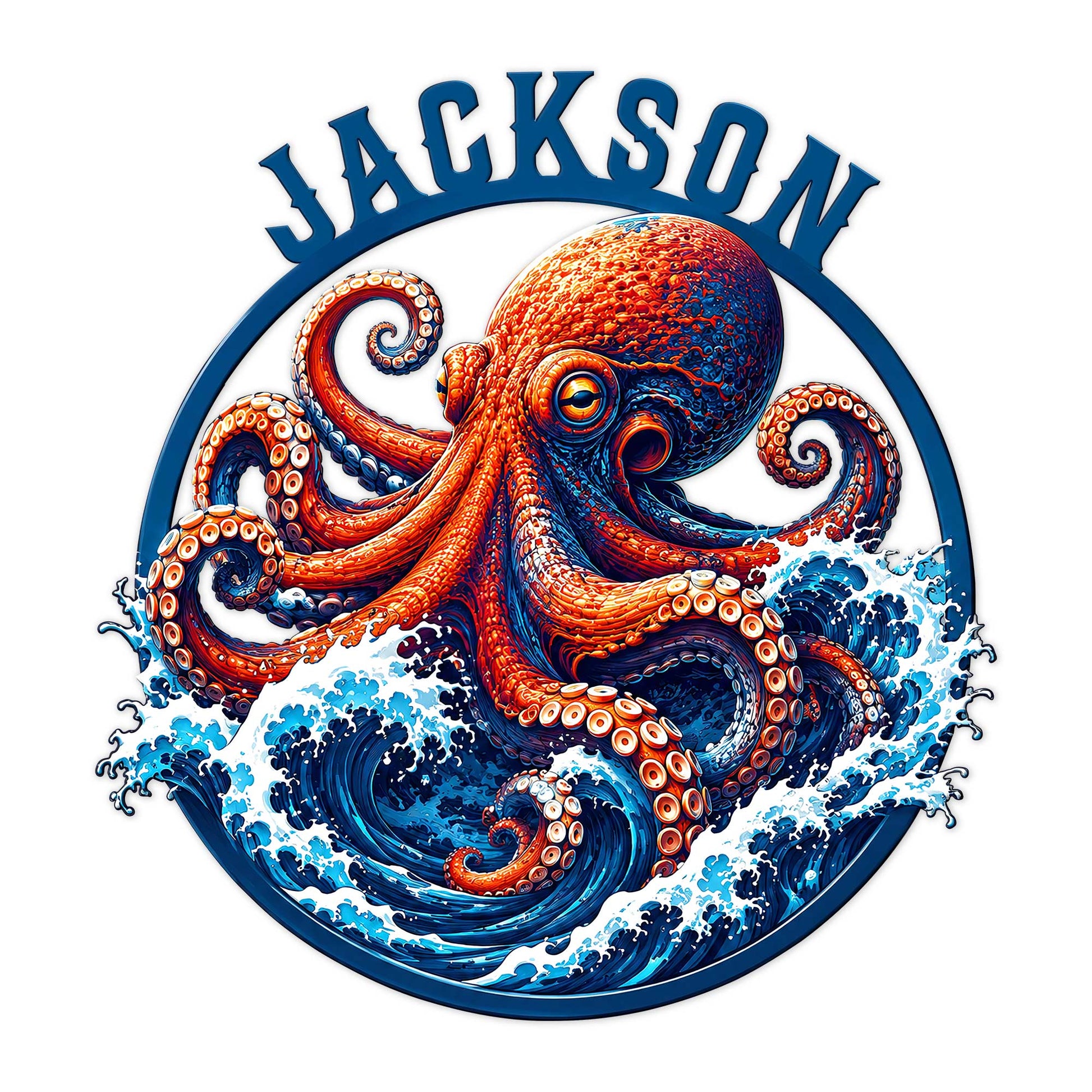 Vivid octopus metal sign rising from crashing ocean waves in bold orange, blue, and navy tones