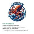 Octopus metal sign product graphic showing the colorful ocean wave artwork and cut metal sign features