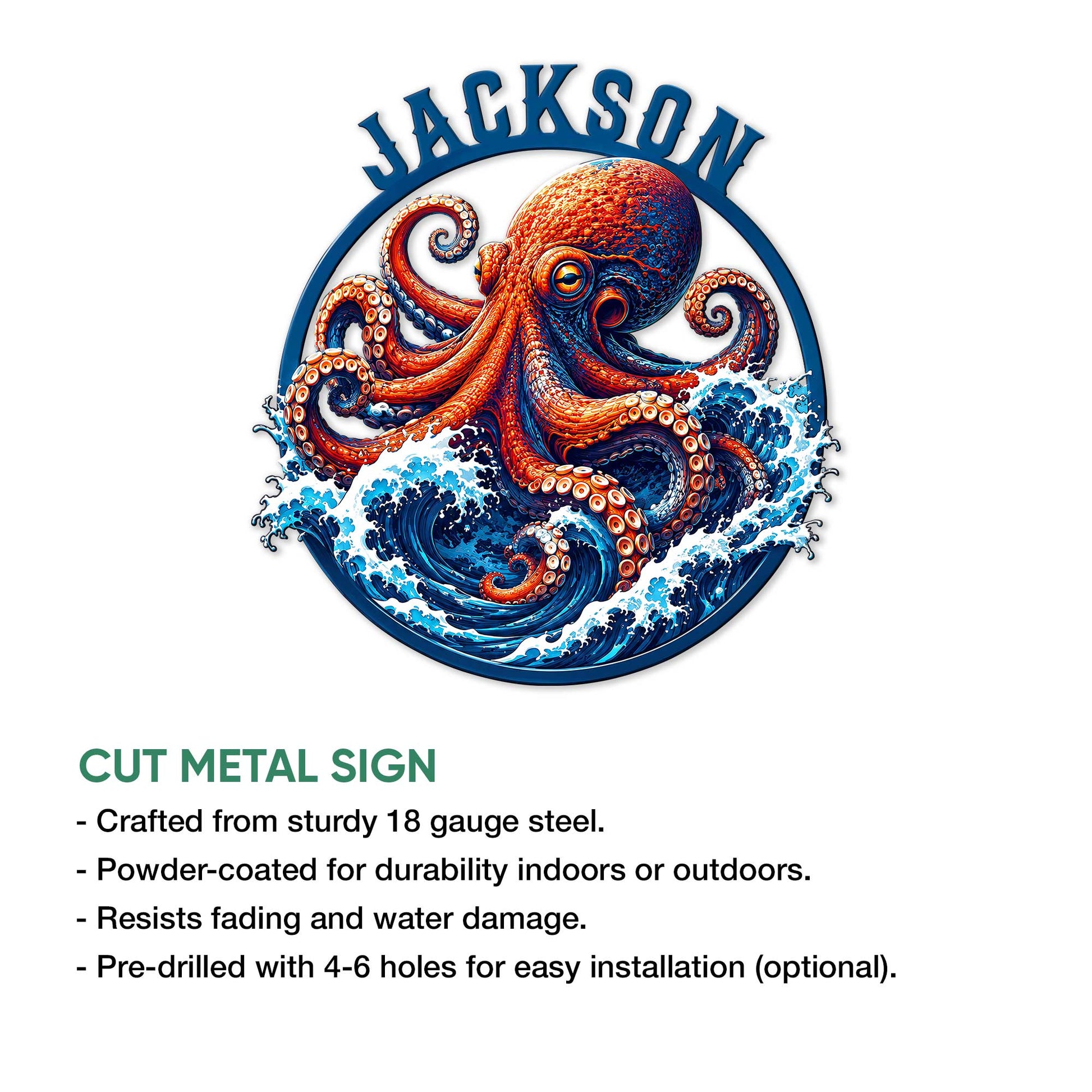 Octopus metal sign product graphic showing the colorful ocean wave artwork and cut metal sign features