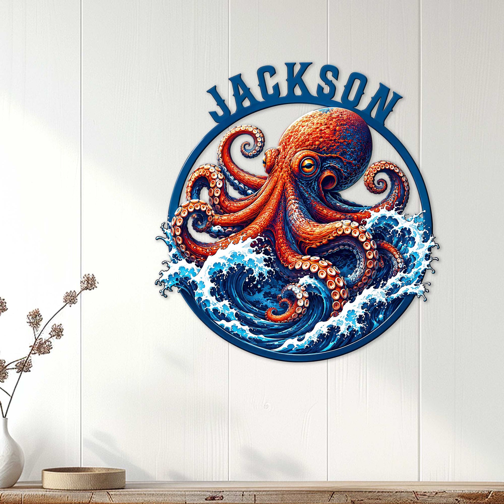 Colorful octopus wall sign displayed above a console in a bright coastal-style home
