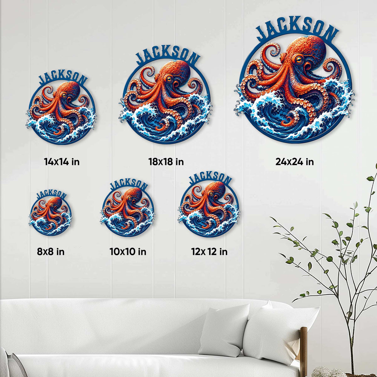 Octopus metal sign size guide showing available square sizes from 8 by 8 to 24 by 24 inches