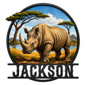 Custom rhino metal sign featuring a powerful rhinoceros in a scenic savanna landscape