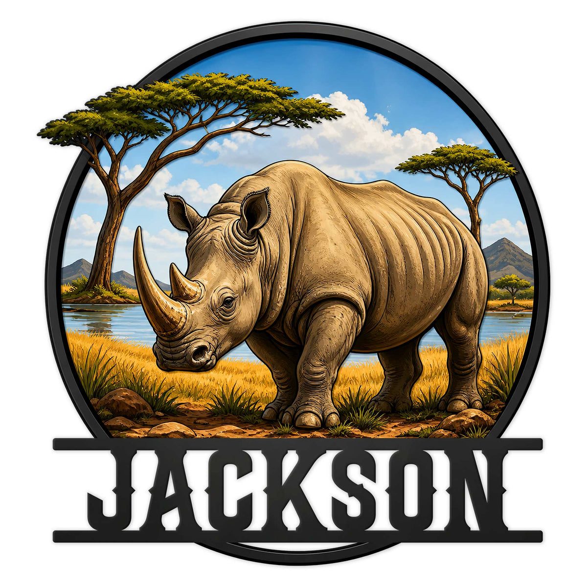 Custom rhino metal sign featuring a powerful rhinoceros in a scenic savanna landscape