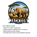 Rhino metal sign product feature graphic showing the detailed wildlife artwork and display design