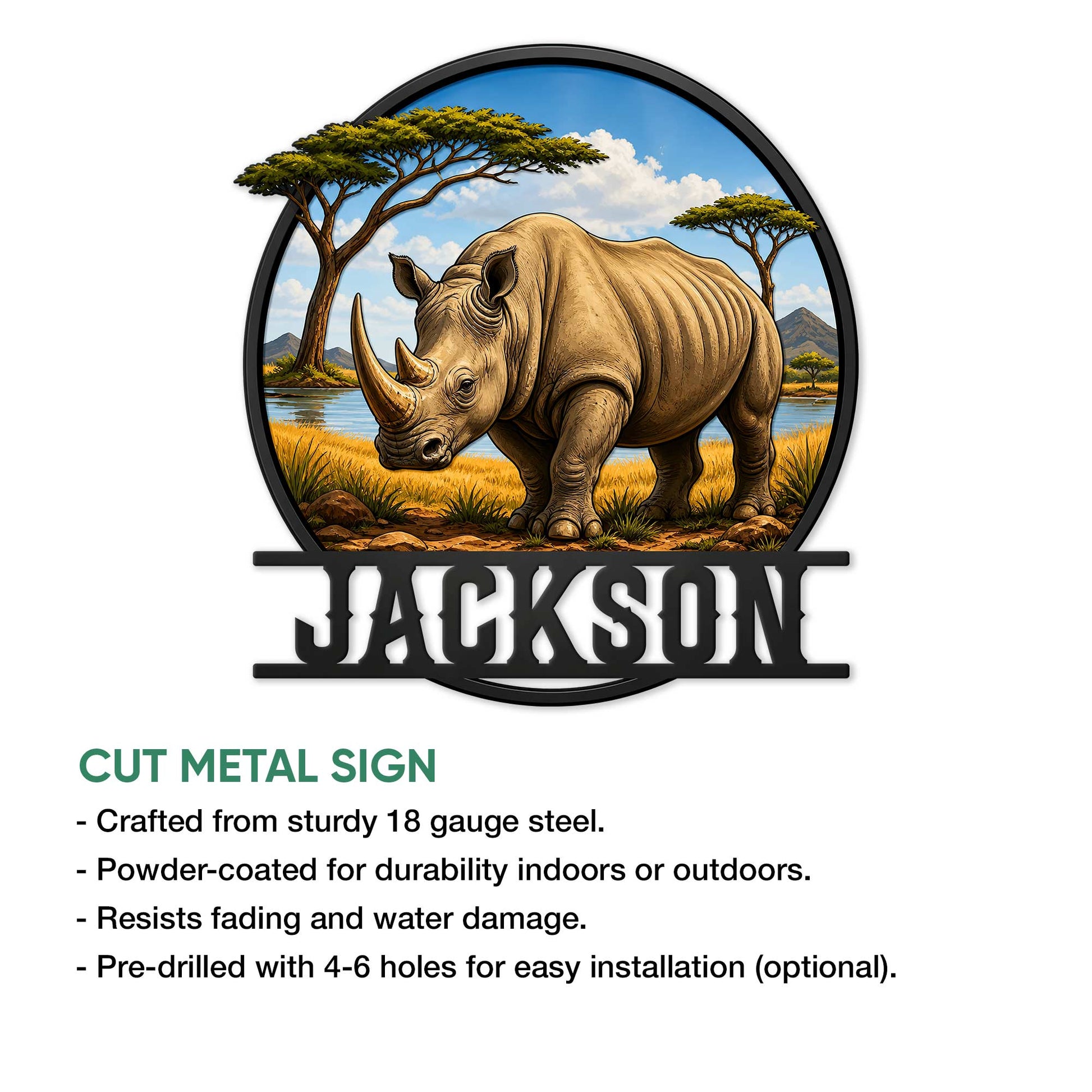 Rhino metal sign product feature graphic showing the detailed wildlife artwork and display design
