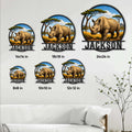 Rhino metal sign size guide showing multiple square size options in a living room setting