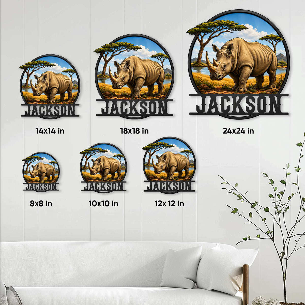 Rhino metal sign size guide showing multiple square size options in a living room setting
