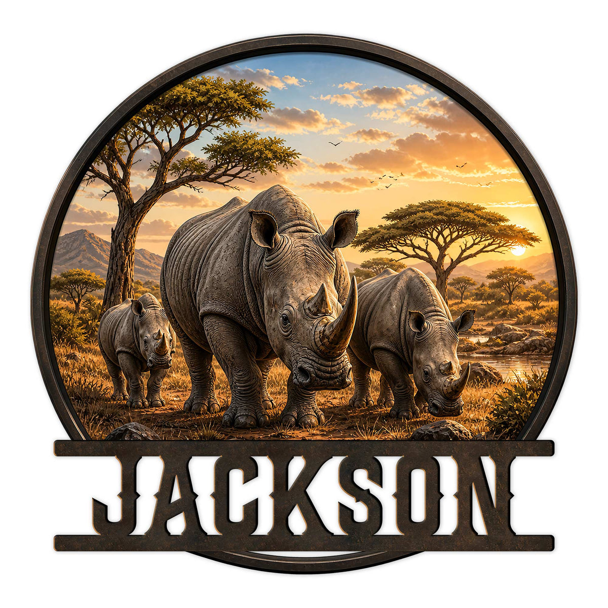 Custom rhino metal sign featuring a family of rhinos in an African savanna at sunset