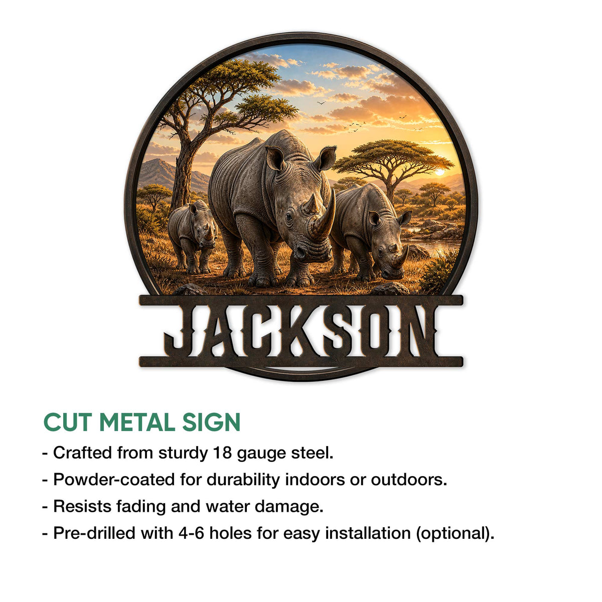 Rhino wall sign with a detailed herd scene, acacia trees, mountains, and golden sunset