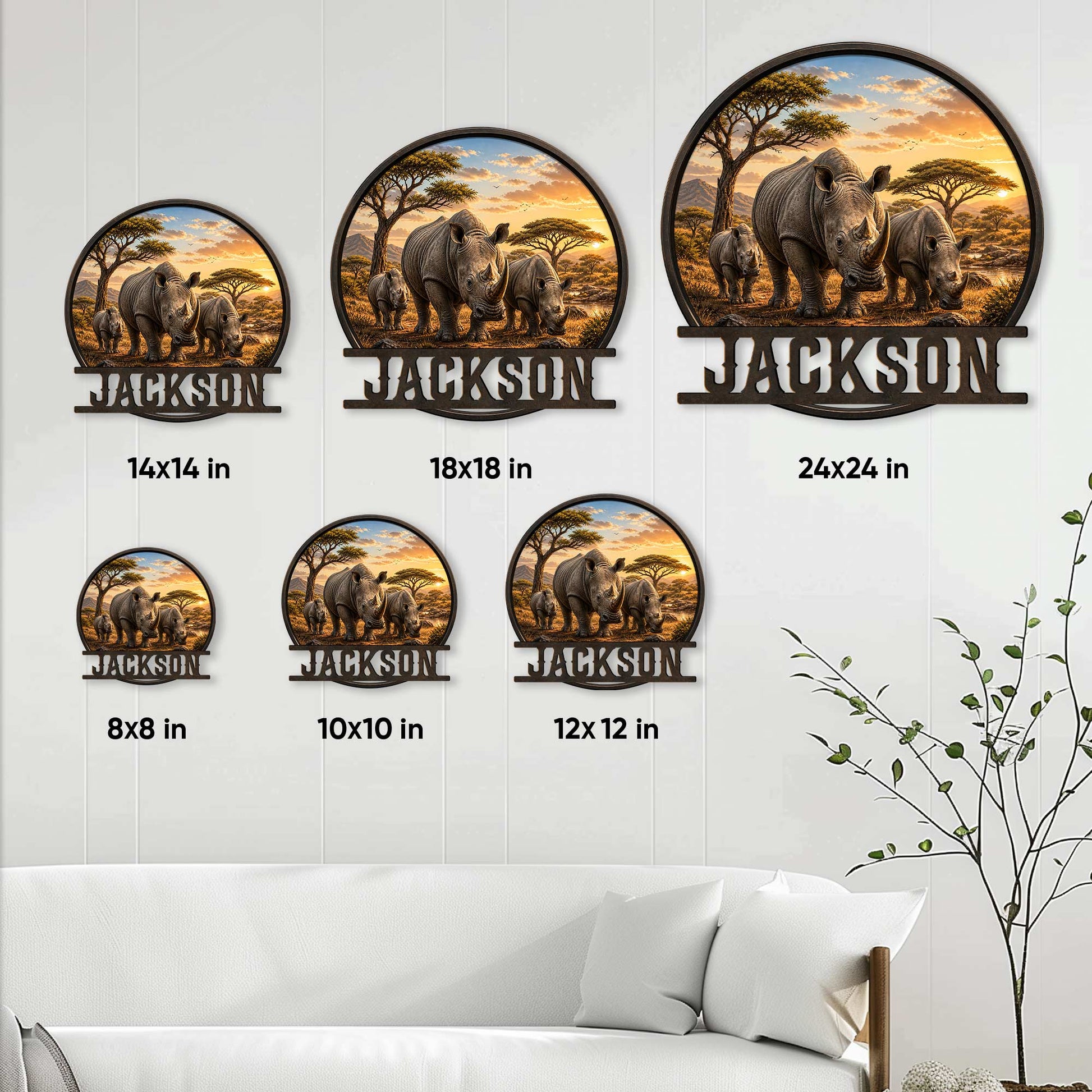 Rhino metal sign size guide showing six available square size options