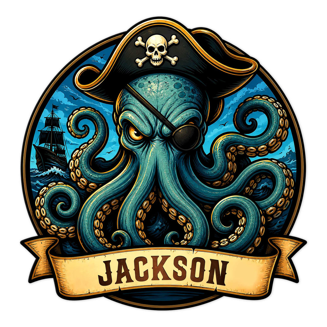 Pirate metal sign featuring an eyepatch-wearing octopus, skull-and-crossbones hat, and sailing ship