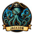 Pirate metal sign featuring an eyepatch-wearing octopus, skull-and-crossbones hat, and sailing ship