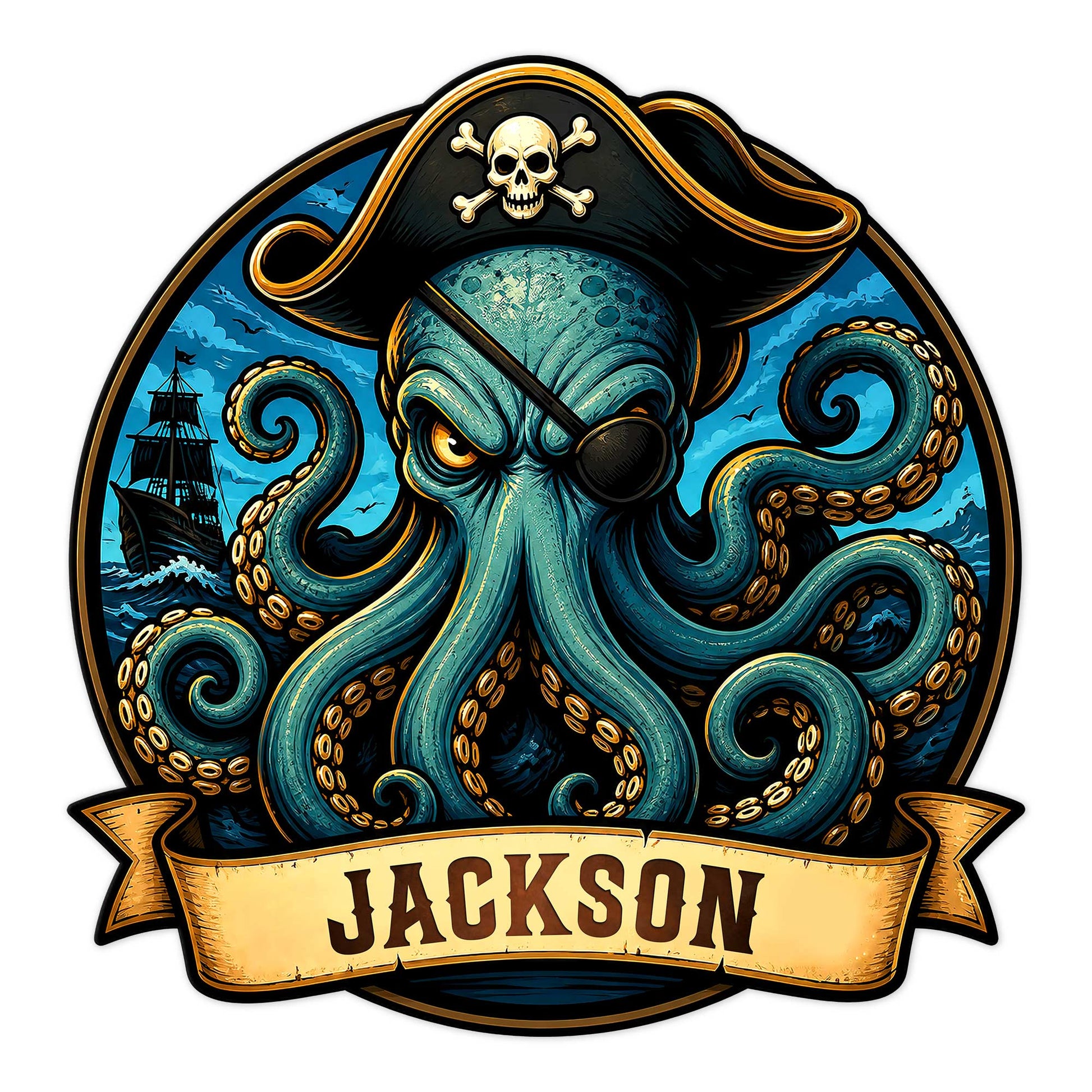 Pirate metal sign featuring an eyepatch-wearing octopus, skull-and-crossbones hat, and sailing ship