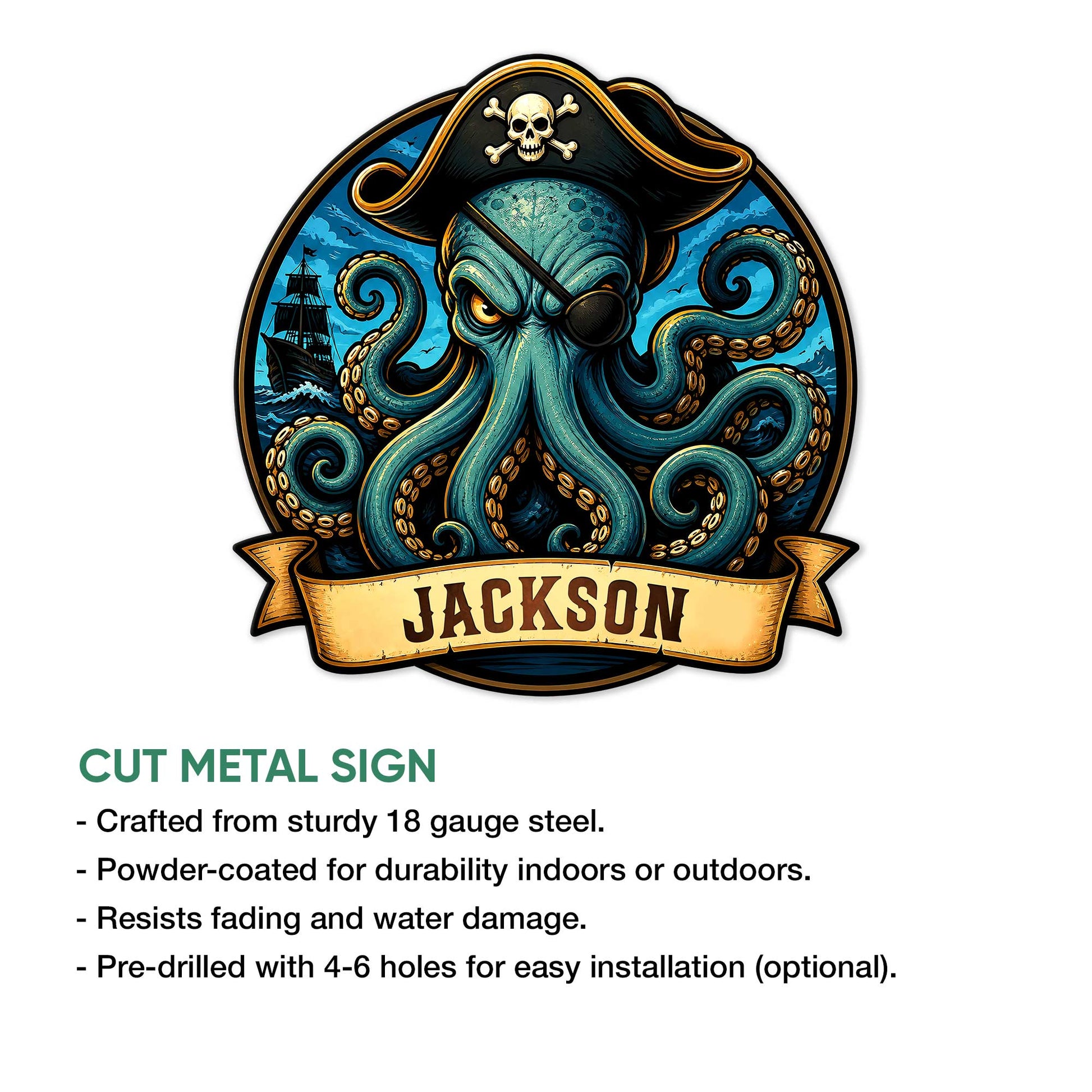 Cut metal pirate sign with a fierce octopus captain, pirate hat, ocean scene, and ship
