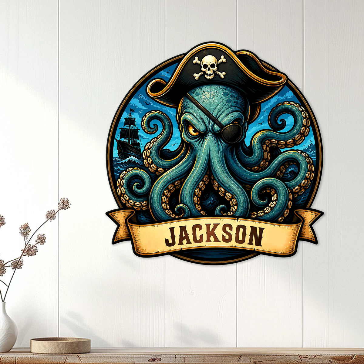 Pirate octopus metal wall sign displayed on a light paneled wall in a home setting