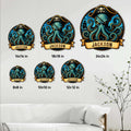 Pirate octopus metal sign shown in six size options from 8 by 8 to 24 by 24 inches