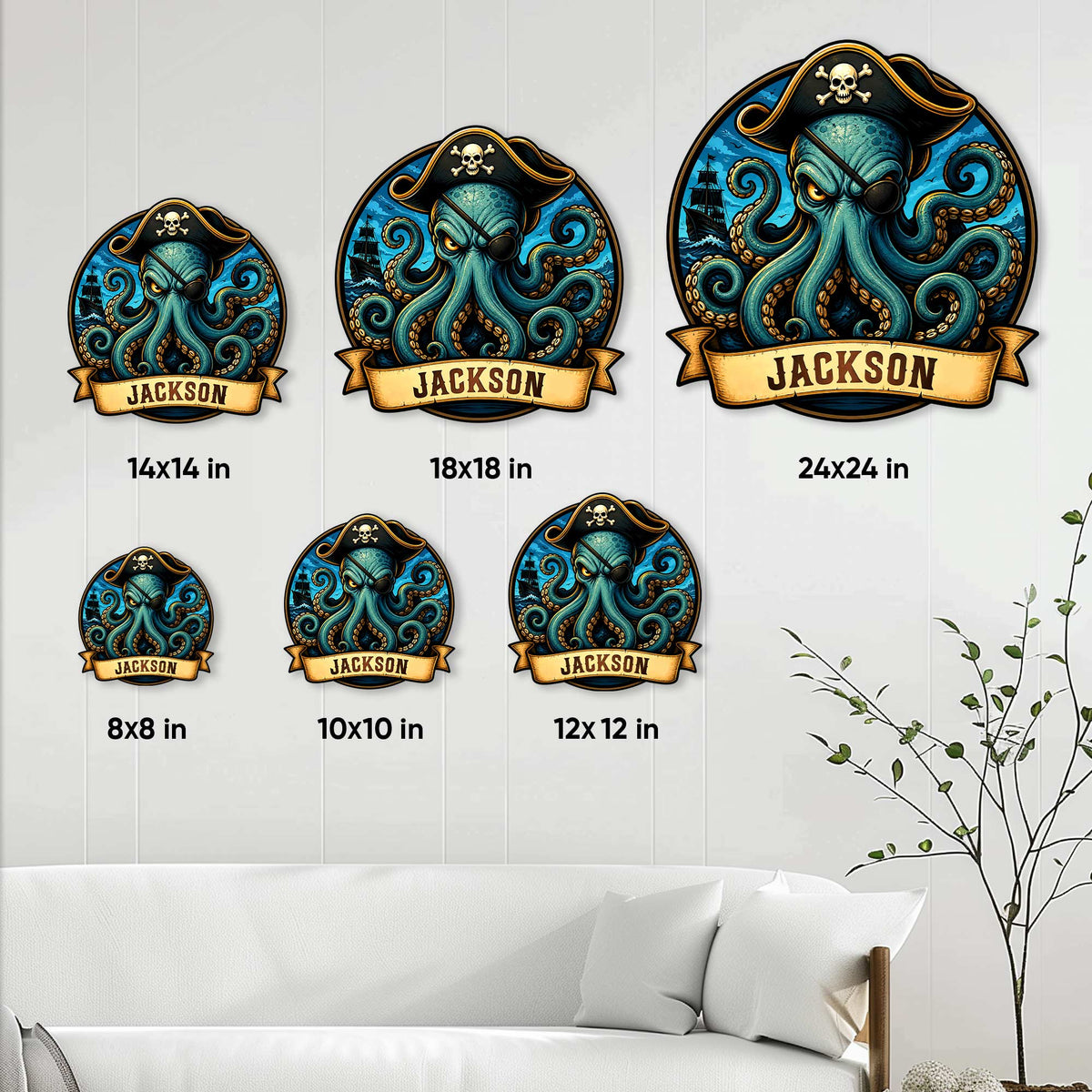 Pirate octopus metal sign shown in six size options from 8 by 8 to 24 by 24 inches