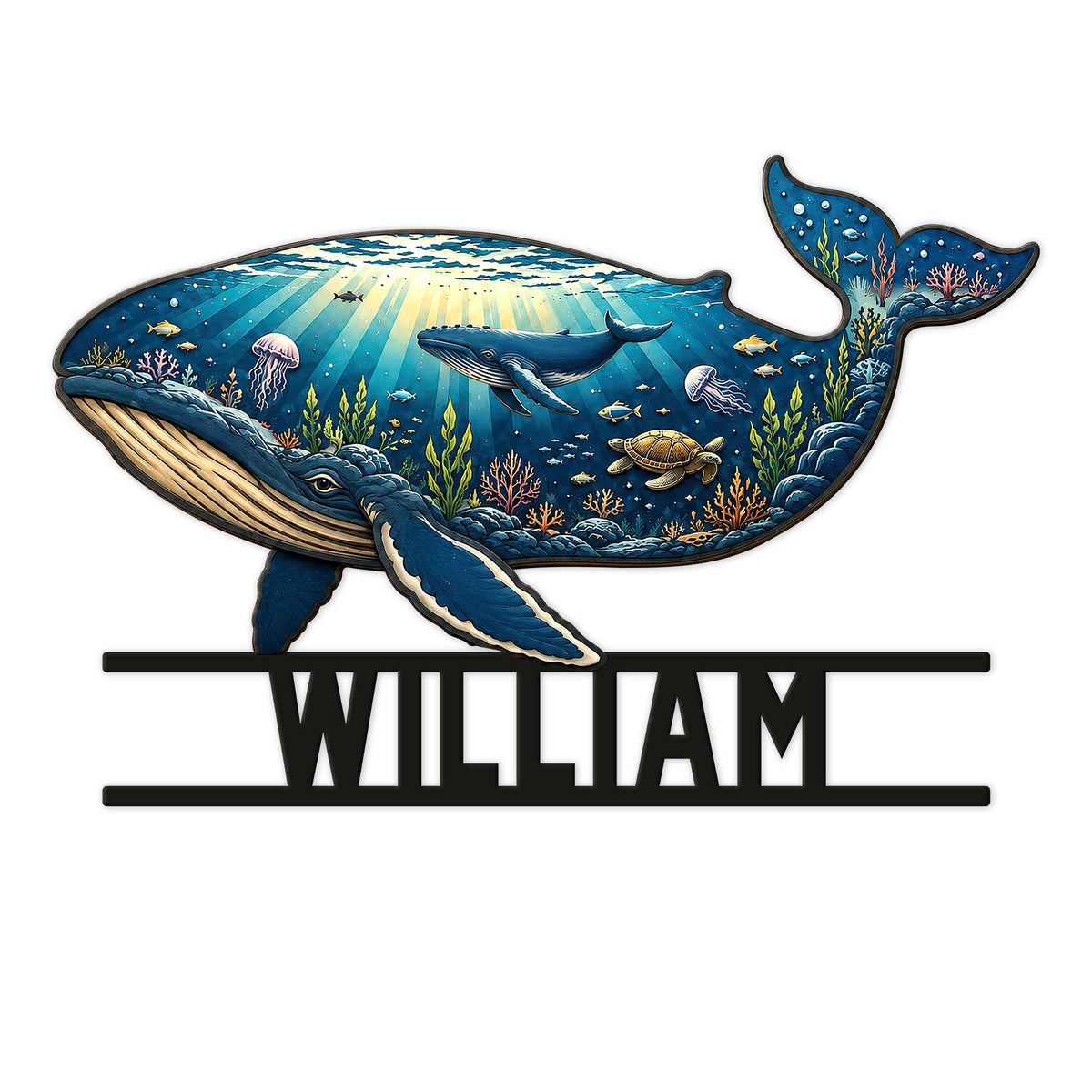 Whale-shaped metal sign with a blue underwater scene, coral reef, sea turtle, fish, and swimming whale