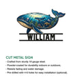 Whale metal sign feature graphic displaying an ocean scene with coral, fish, jellyfish, and sea turtle details