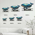 Whale metal sign size guide showing multiple available dimensions in a bright ocean-themed wall display