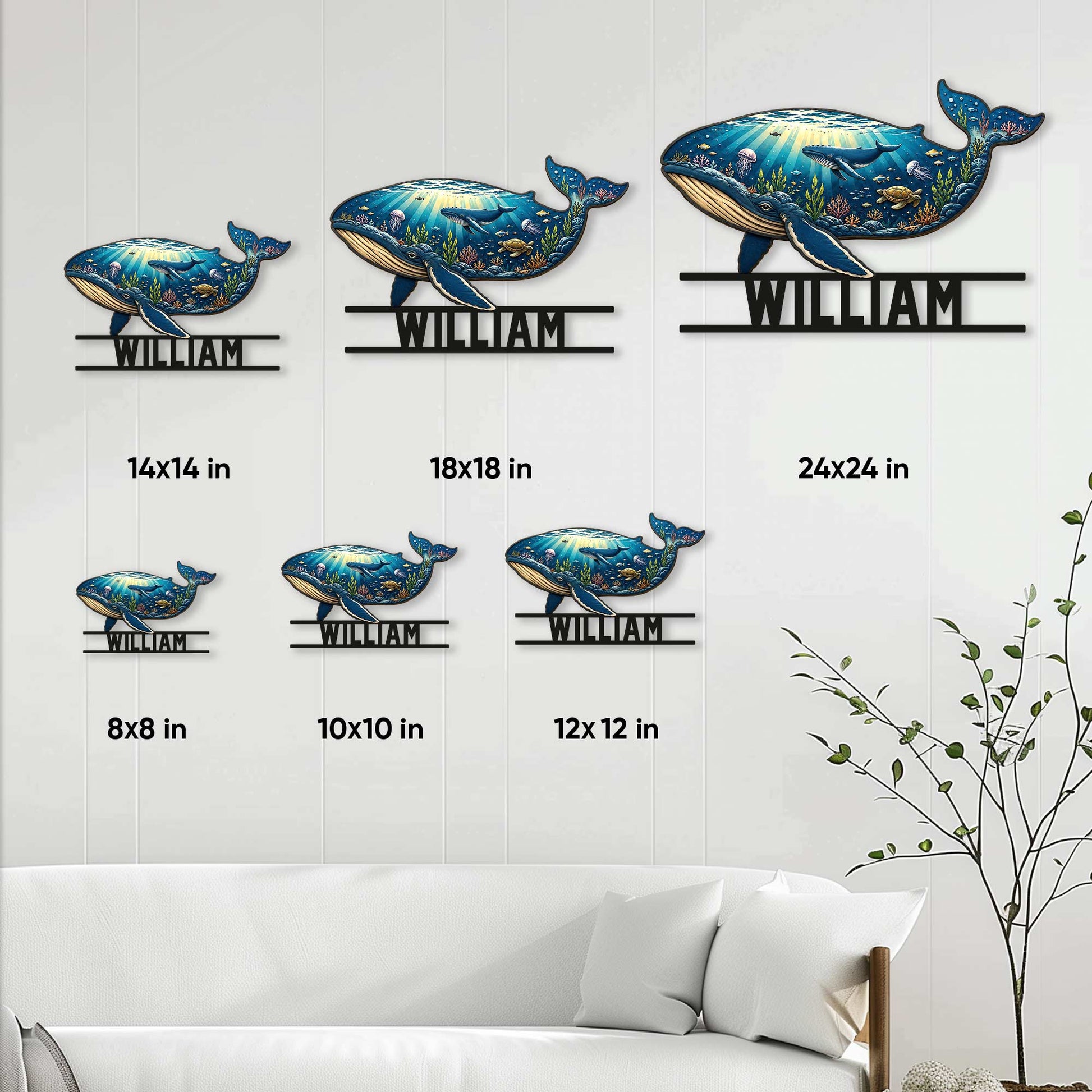 Whale metal sign size guide showing multiple available dimensions in a bright ocean-themed wall display
