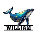 Colorful humpback whale metal sign with an underwater reef scene and ocean-inspired wall decor design