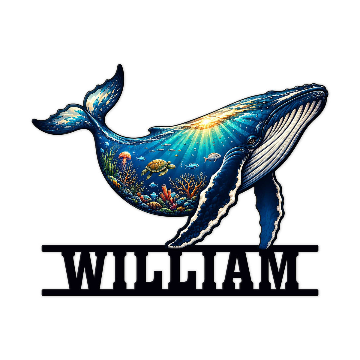 Colorful humpback whale metal sign with an underwater reef scene and ocean-inspired wall decor design