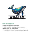 Humpback whale metal sign shown as a cutout ocean wall accent in a product feature infographic