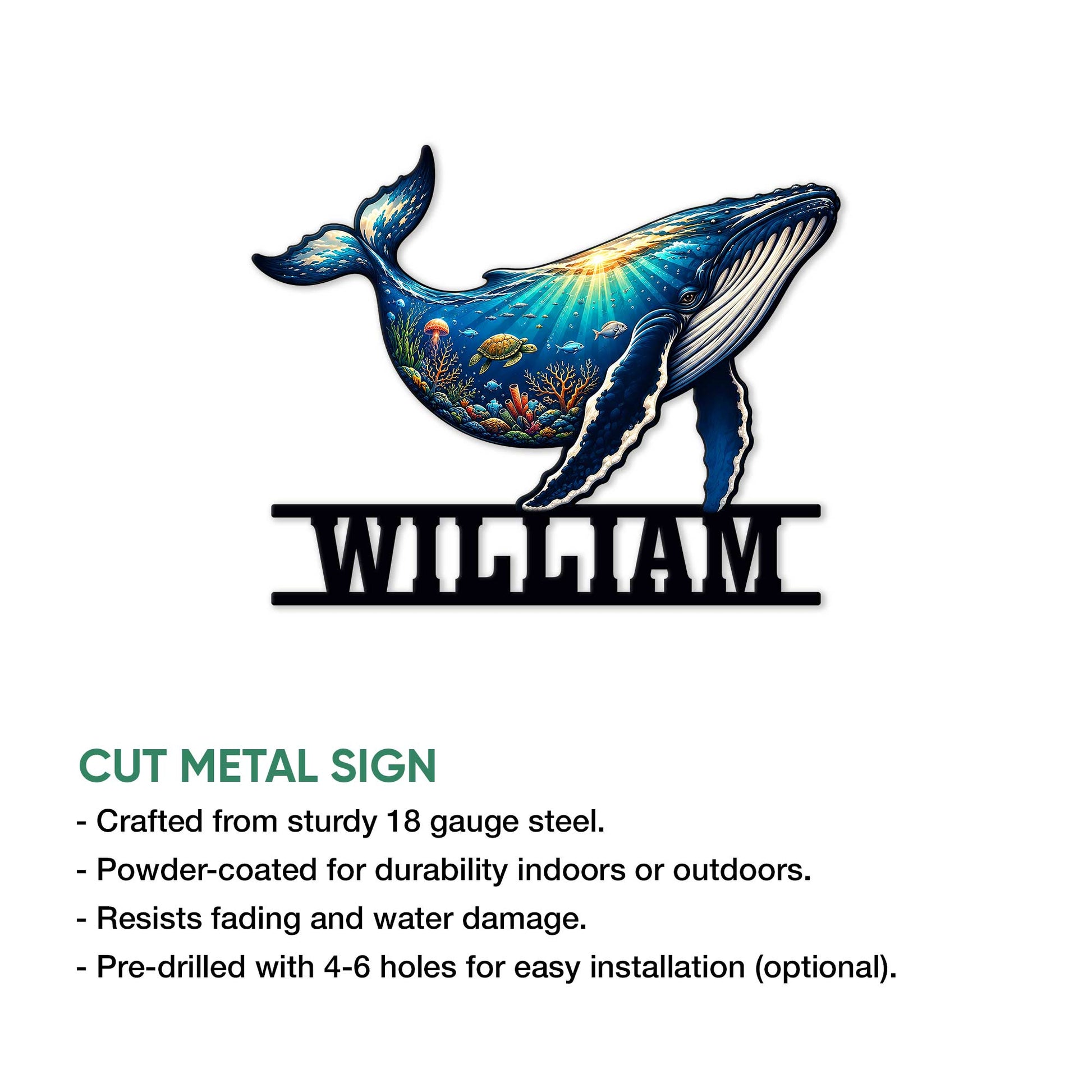 Humpback whale metal sign shown as a cutout ocean wall accent in a product feature infographic