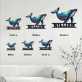 Humpback whale metal sign size guide showing available 8, 10, 12, 14, 18, and 24 inch options