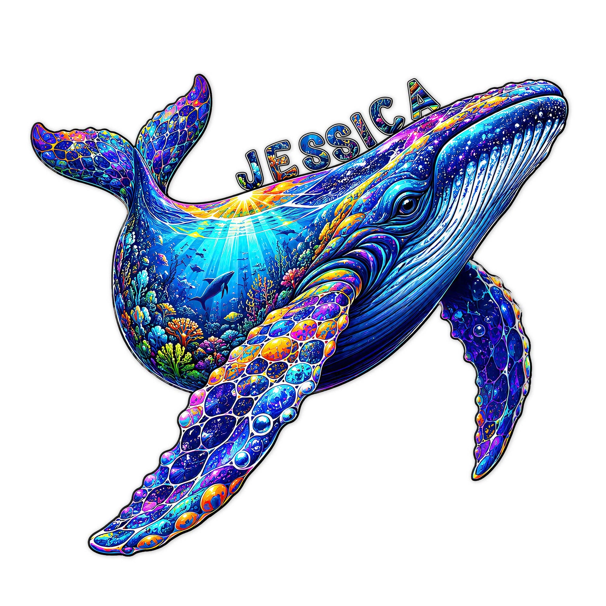 Colorful humpback whale metal sign with coral reef artwork and a custom design for ocean lovers