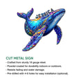 Vibrant humpback whale cut metal sign featuring an underwater reef scene and bold ocean artwork