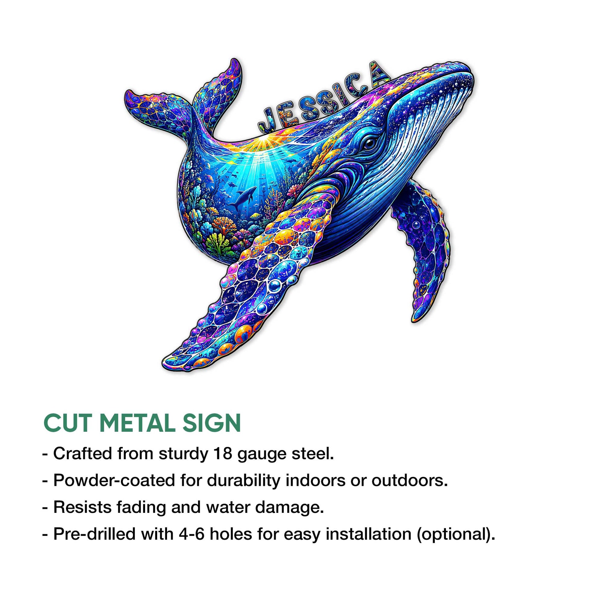 Vibrant humpback whale cut metal sign featuring an underwater reef scene and bold ocean artwork