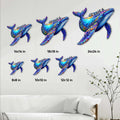 Whale metal sign size guide showing available wall decor sizes from 8 by 8 to 24 by 24 inches