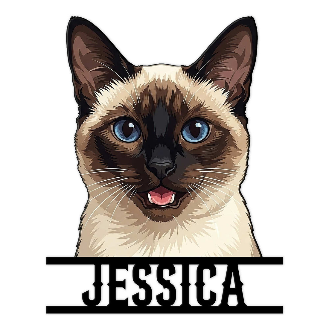 Siamese cat portrait metal sign featuring bright blue eyes and bold black accent bars