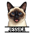 Siamese cat portrait metal sign featuring bright blue eyes and bold black accent bars