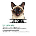Siamese cat cut metal sign shown as a decorative wall accent with a detailed blue-eyed portrait