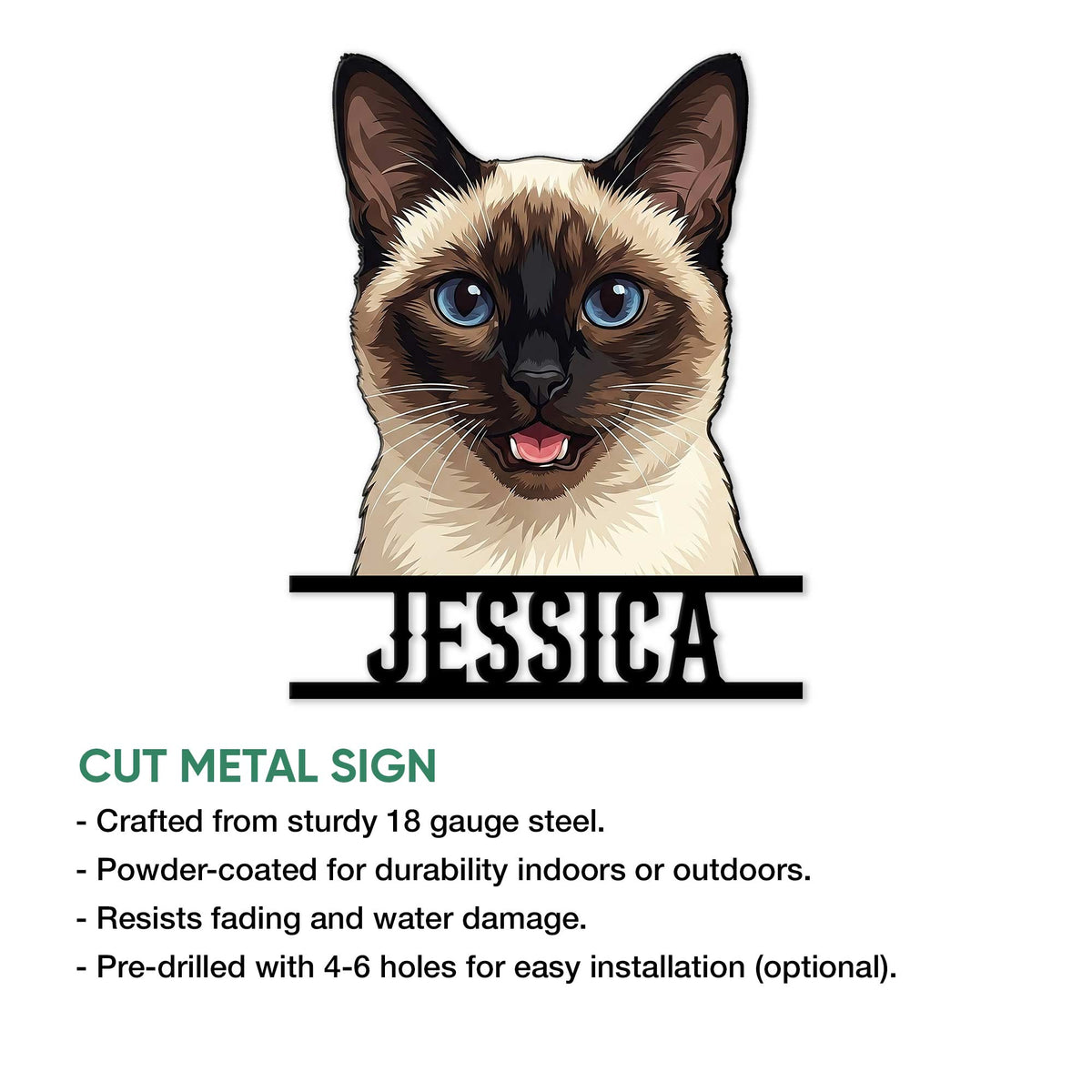 Siamese cat cut metal sign shown as a decorative wall accent with a detailed blue-eyed portrait
