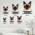 Siamese cat metal sign size guide showing multiple square size options in a living room setting