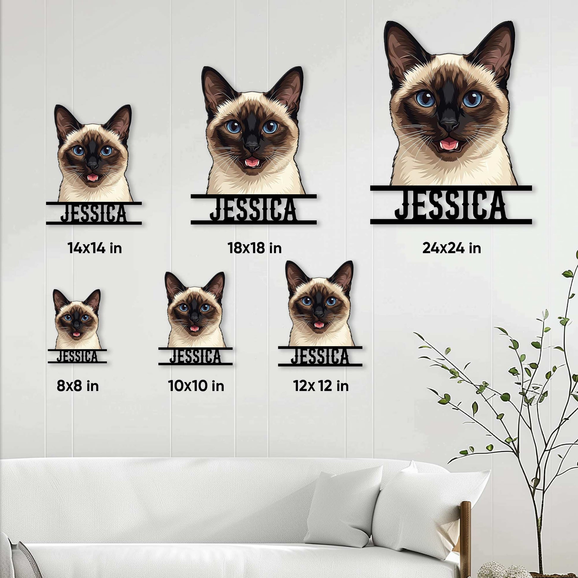 Siamese cat metal sign size guide showing multiple square size options in a living room setting