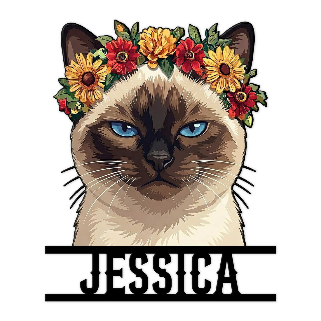 Custom Siamese cat metal sign featuring a blue-eyed cat portrait with a colorful floral crown