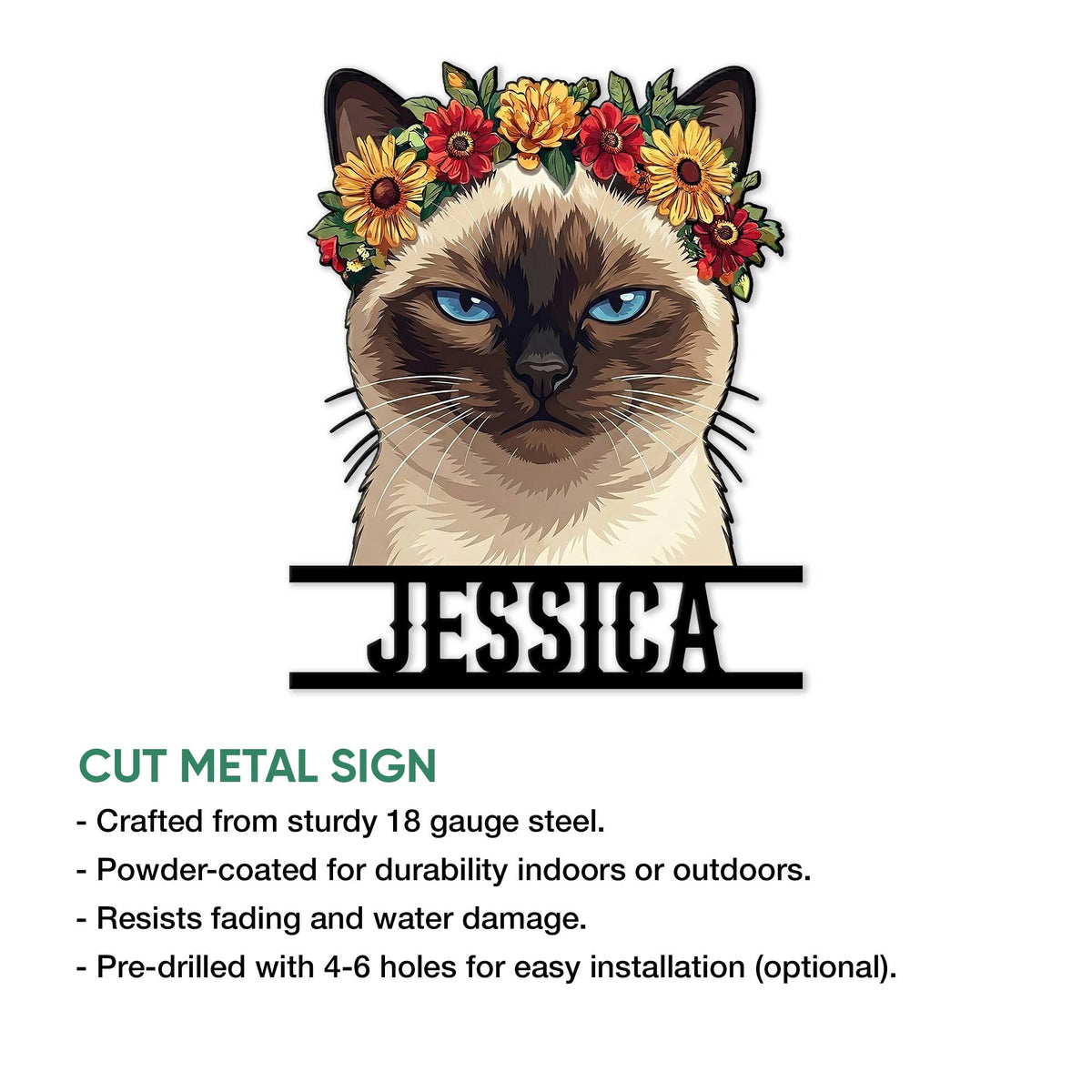 Siamese cat metal sign feature graphic showing the floral cat portrait and product details