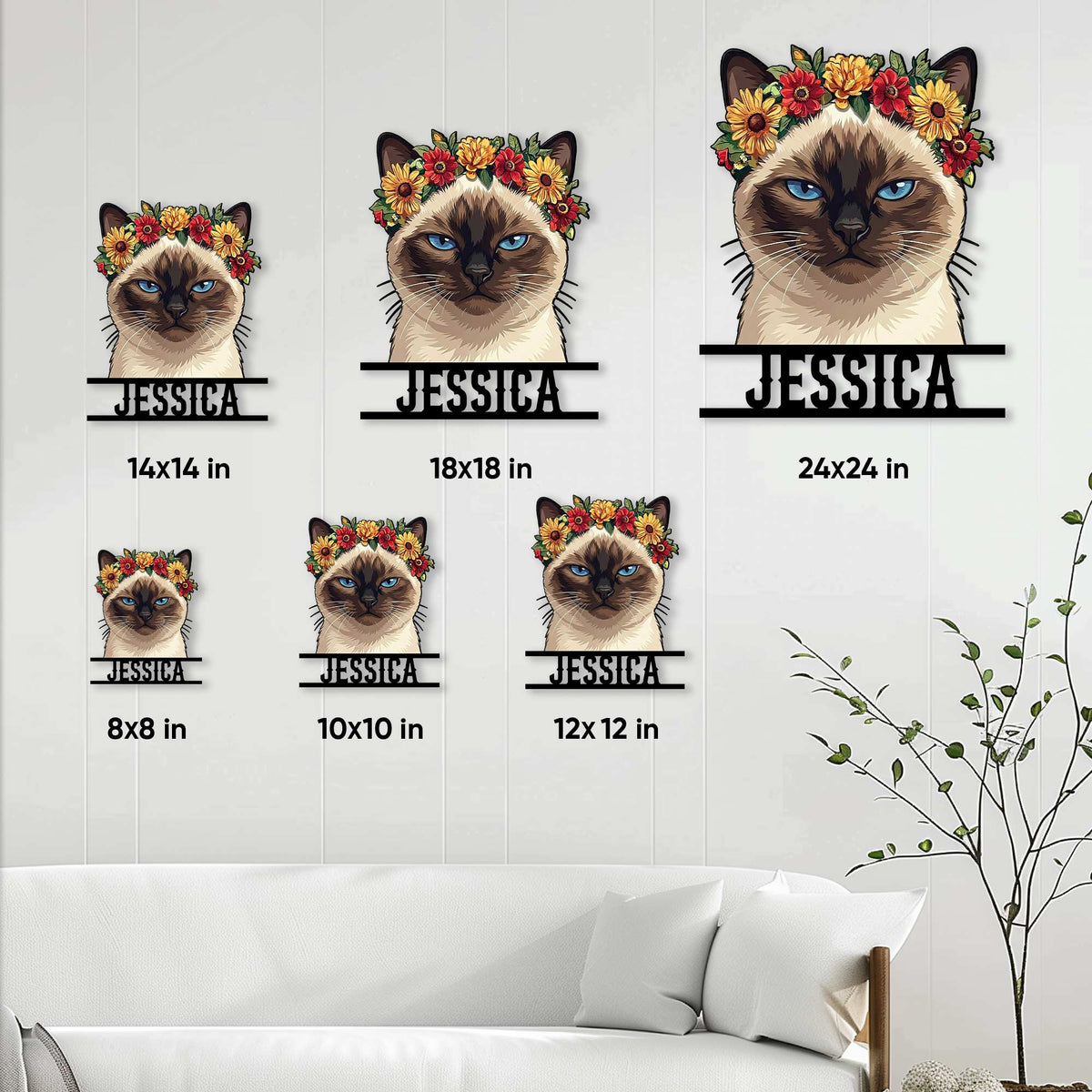 Siamese cat metal sign size guide showing the floral portrait in several square size options