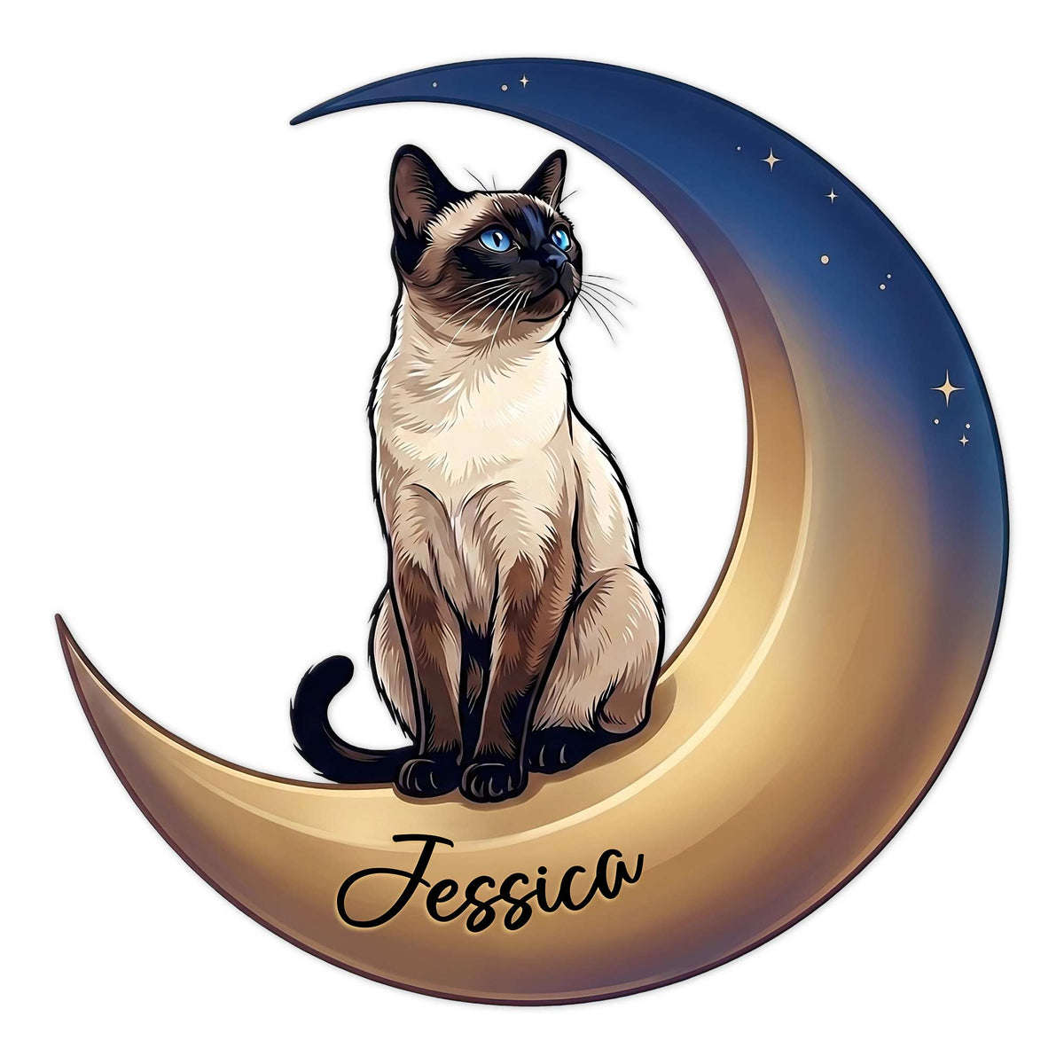 Siamese cat metal sign featuring a blue-eyed cat seated on a golden crescent moon under stars