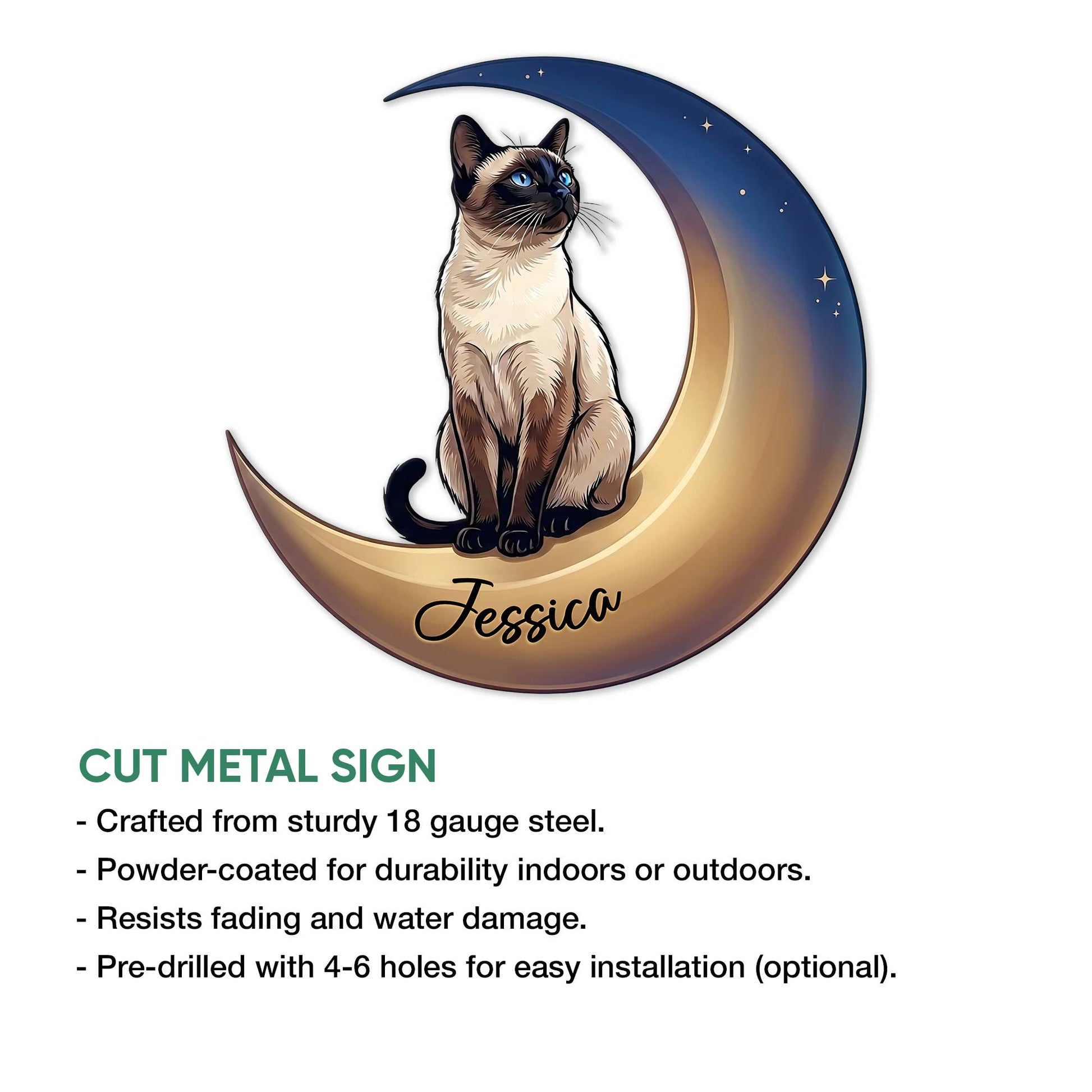 Siamese cat cut metal sign shown with its moon-and-stars artwork and wall decor design