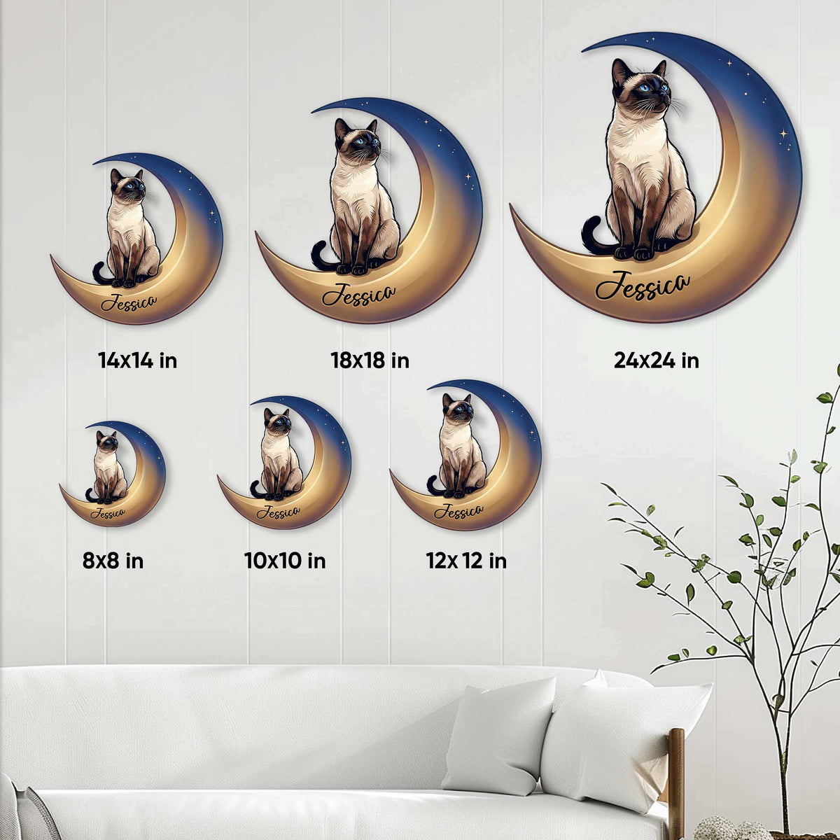 Siamese cat metal sign size guide showing available square sizes from 8x8 to 24x24 inches