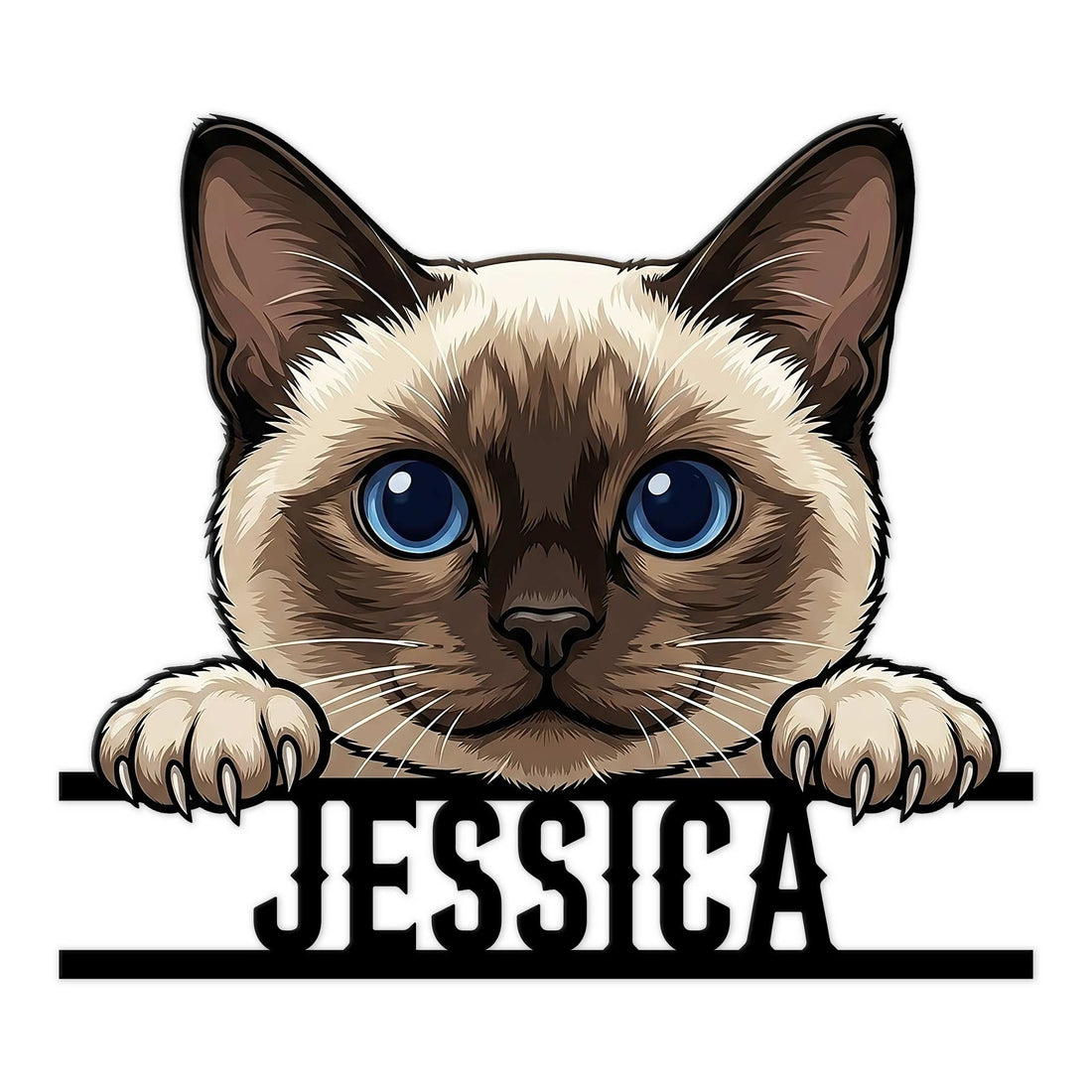 Close-up Siamese cat metal sign featuring bright blue eyes, dark facial markings, and raised paws